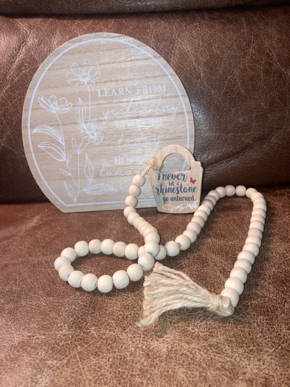 Wooden Bead Garland with Tassel - White - and plaque set